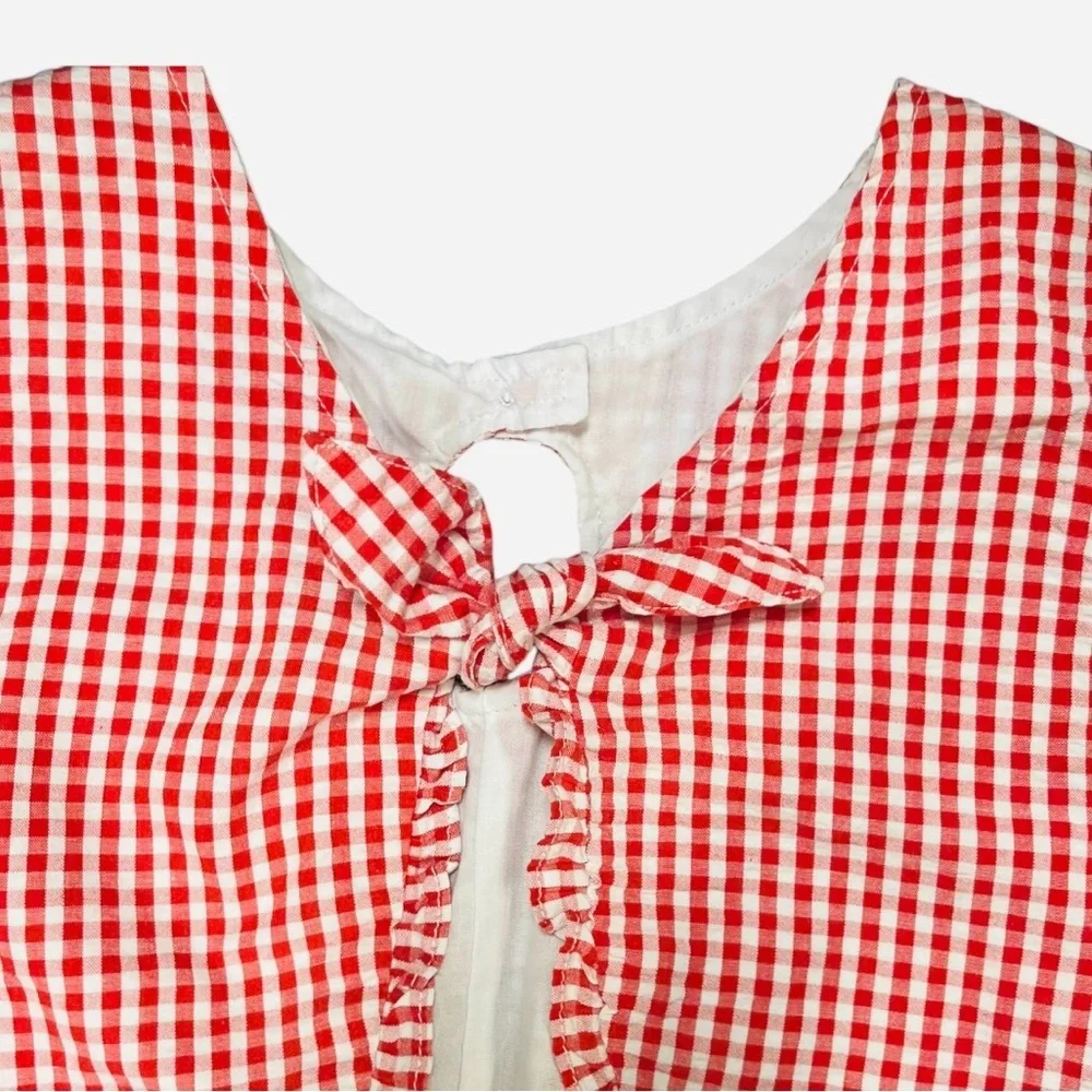 Girls 6 Samara gingham white red apron ruffled hem button detail graphic design